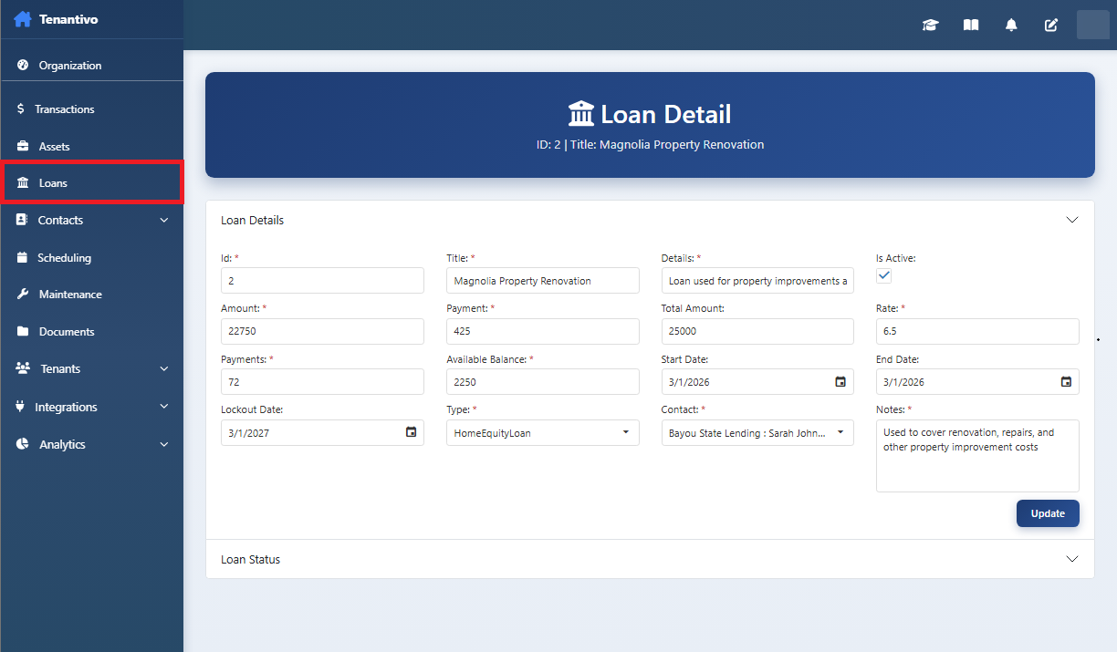 Loans list and detail for flip financing