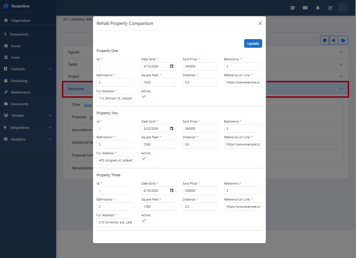 Comparable Properties popup with side-by-side comps for ARV
