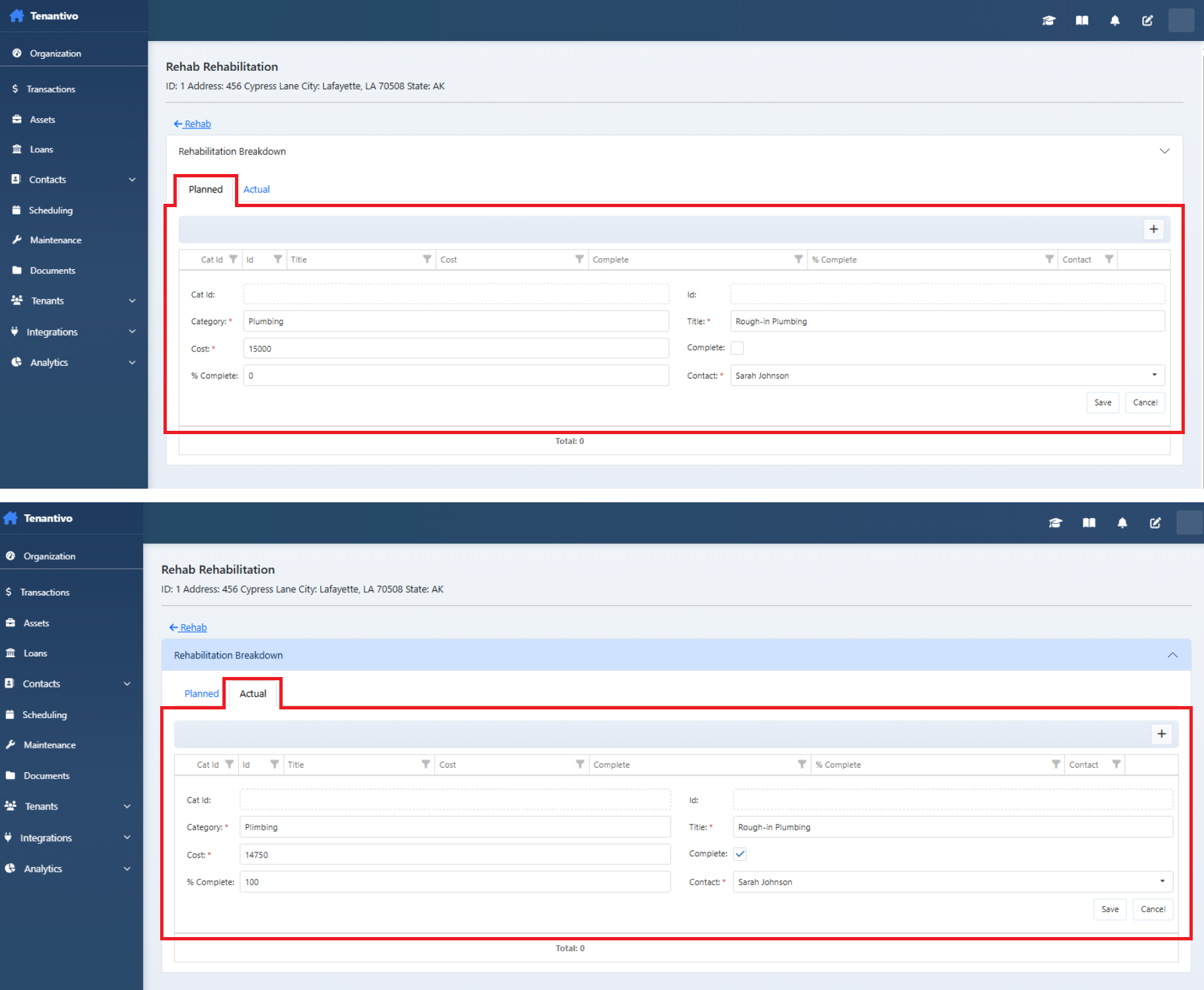 Rehabilitation Breakdown Planned and Actual grids by category