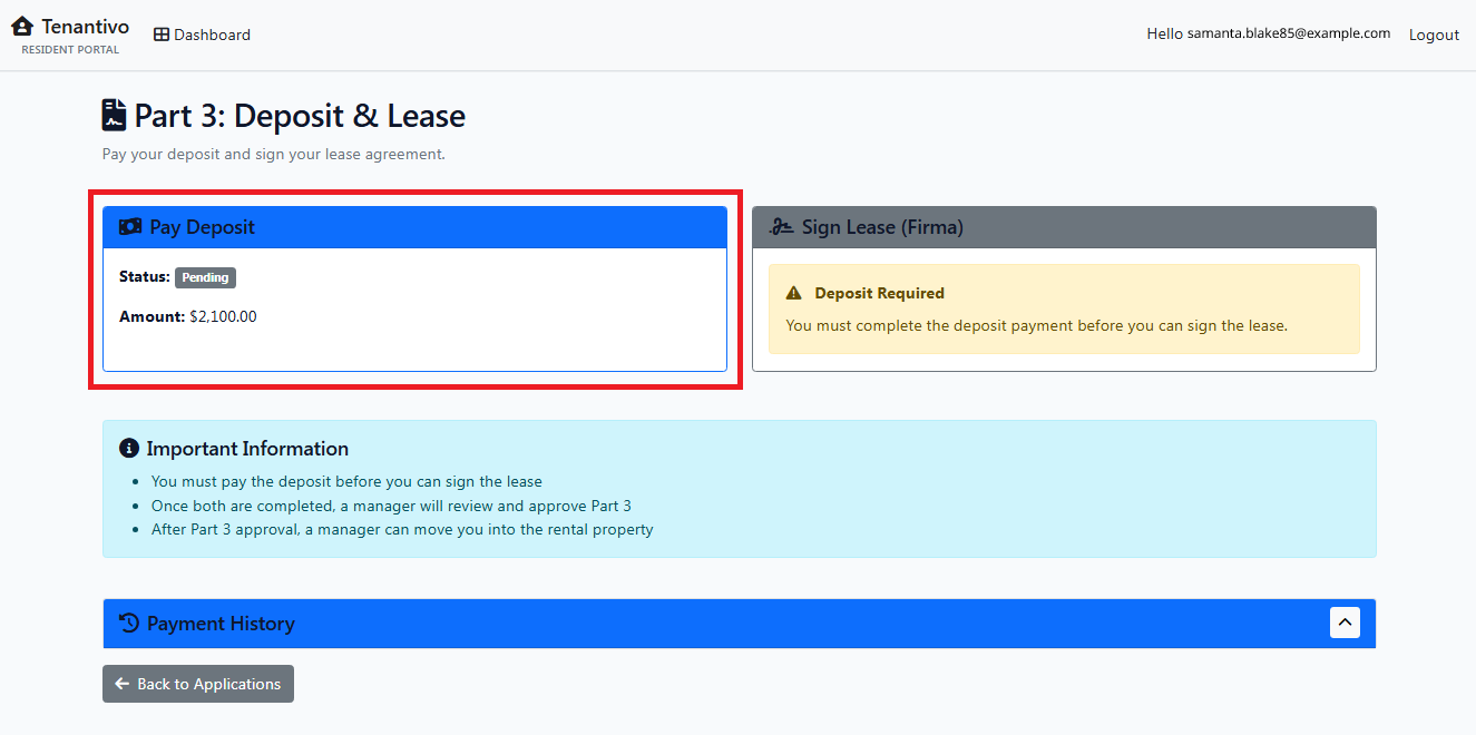 Tenant Part 3 deposit payment card