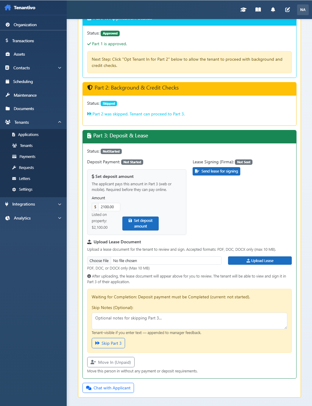 View Application Part 3 — click Send lease for signing