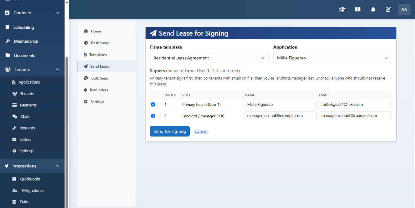 Select Firma template, application, and confirm signers in order