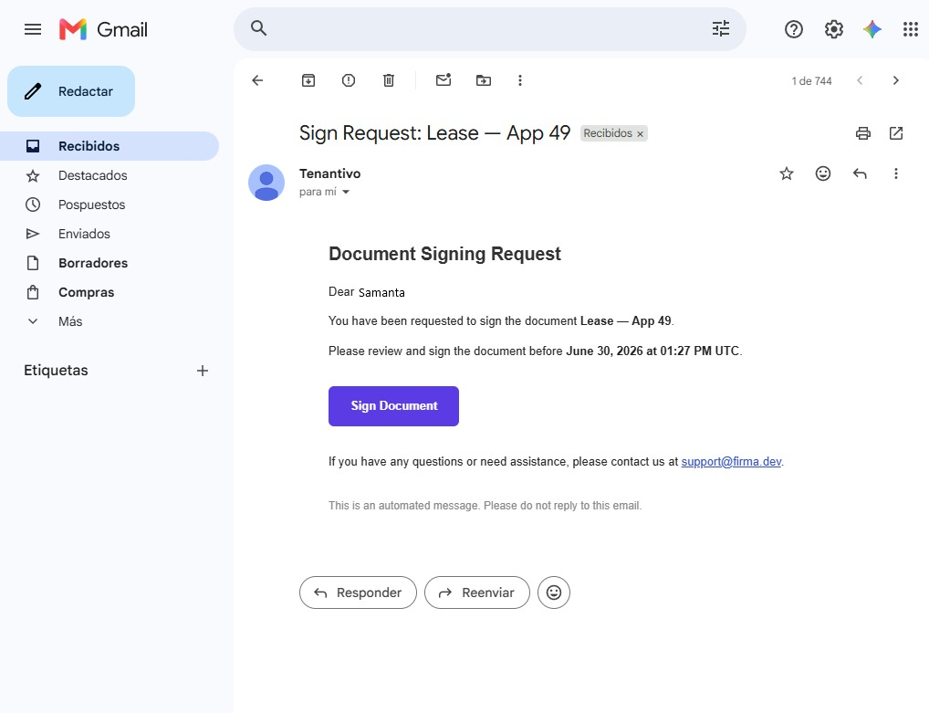 Signer receives Firma email with a secure Sign Document link