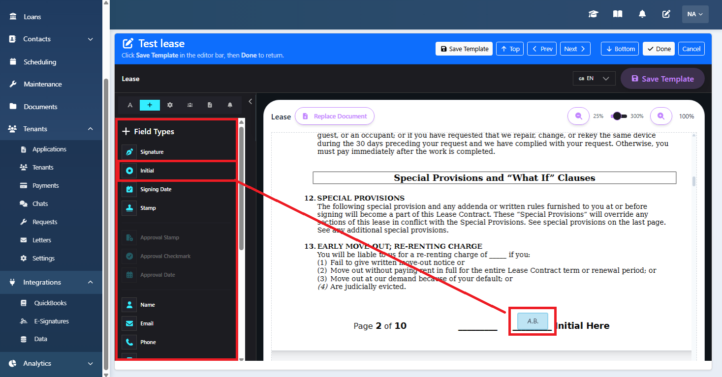 Field Types panel — drag Signature or Initial onto the lease