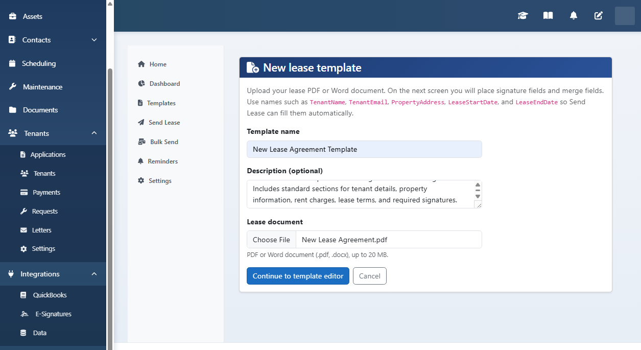 Set field name to a supported merge key and optional default text