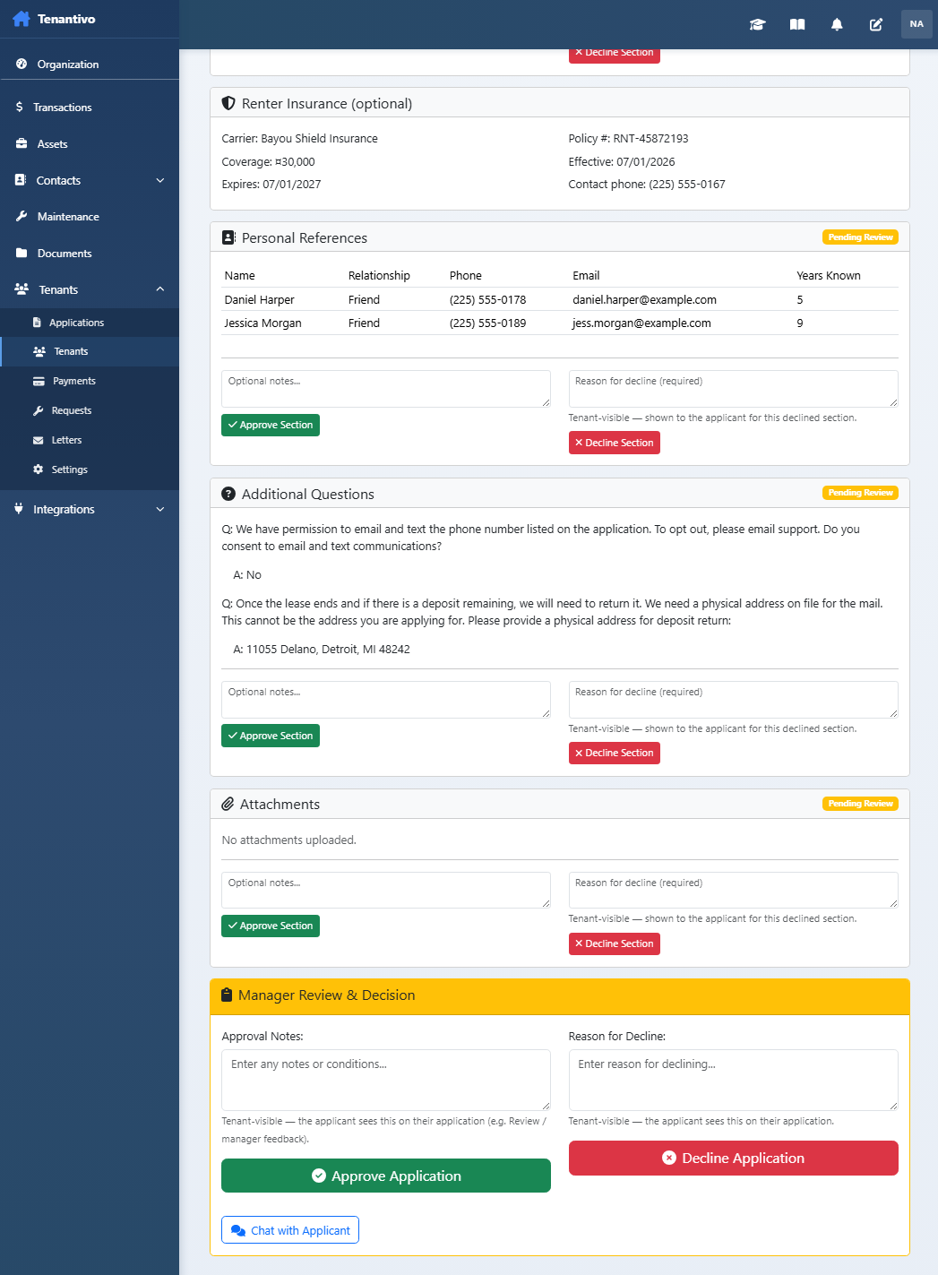 Applications review screen with section-by-section evaluations