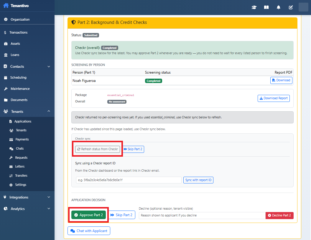 Part 2 screening results and approval controls