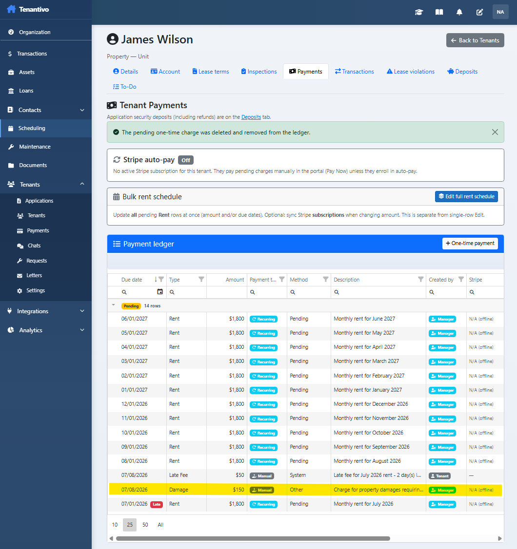 Payment ledger with transaction grid and one-time payment tools