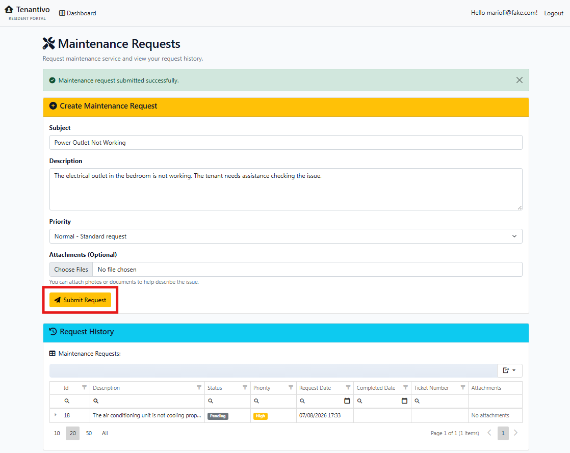 Tenant maintenance request form and request history