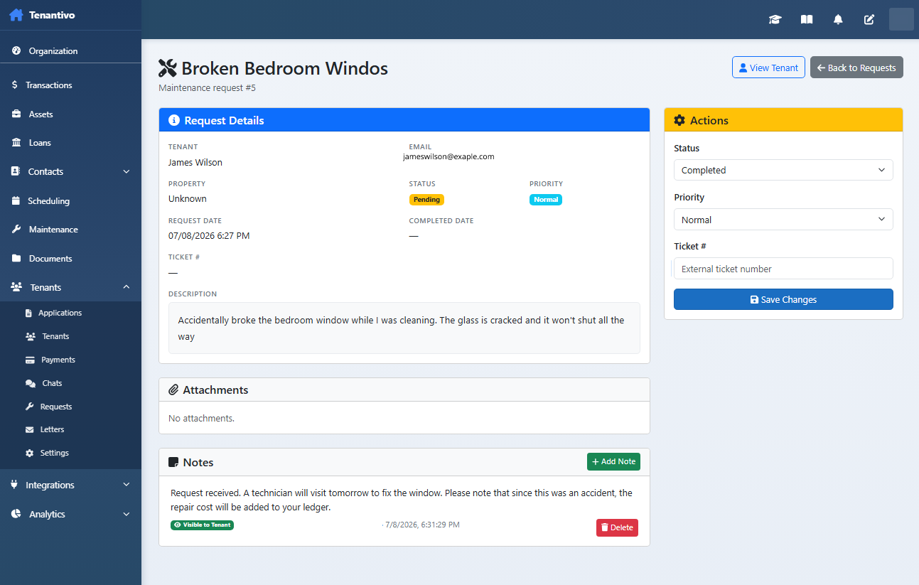 Individual maintenance request with actions panel and notes
