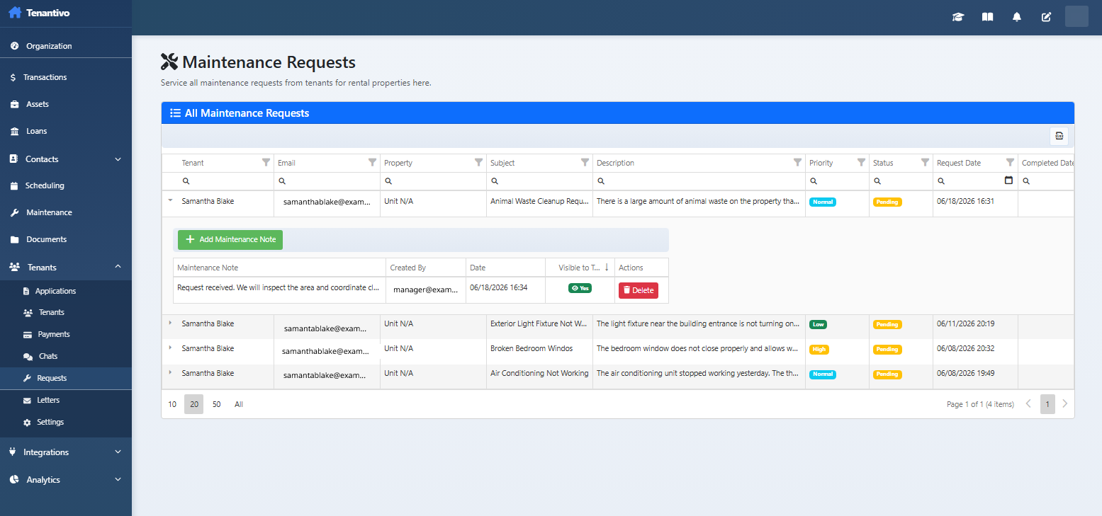 All maintenance requests table in the Manager Portal