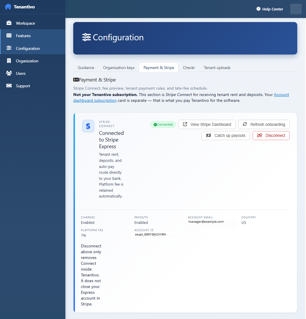 Payment & Stripe tab with connection, account information, and fee preview