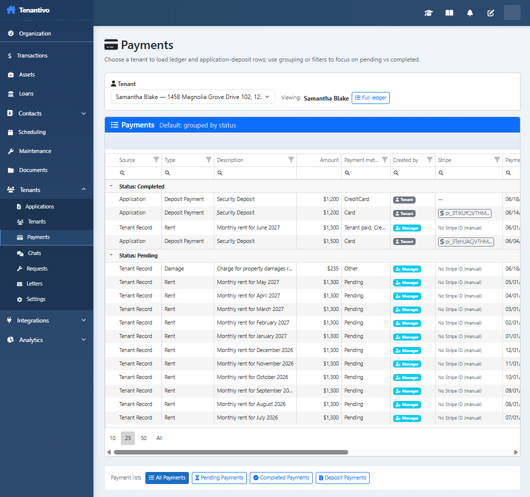 All Payments screen with the Completed and Pending sections visible