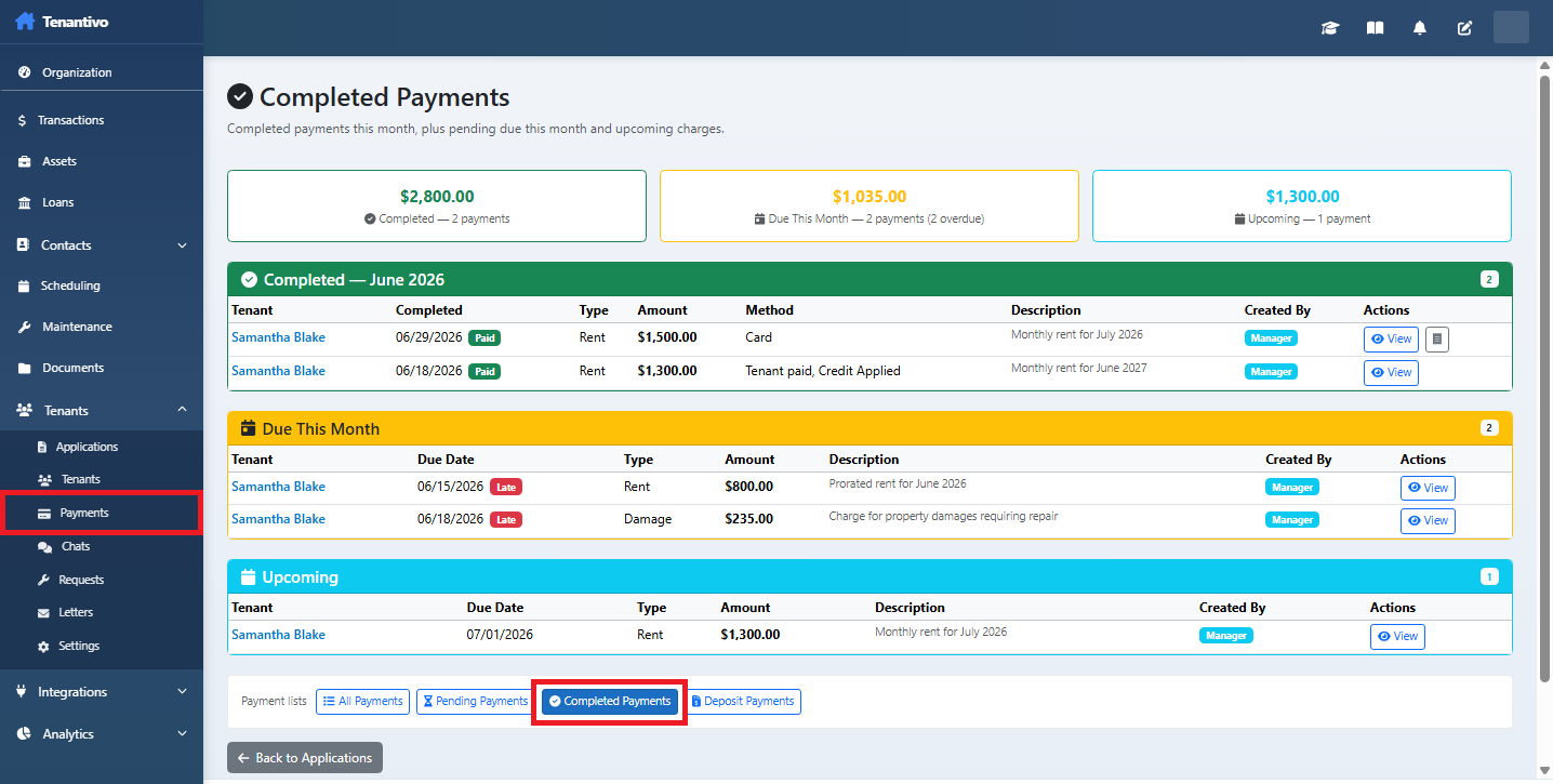 Completed Payments summary cards and transaction grid