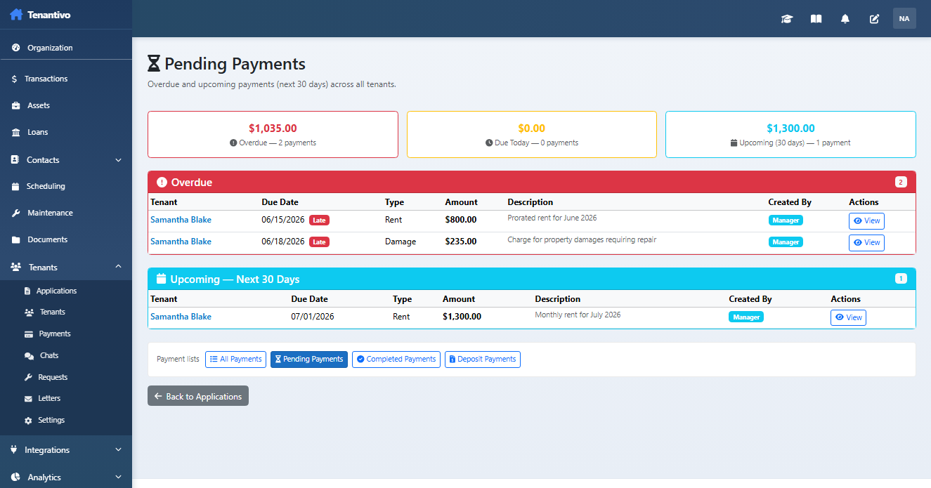 Pending Payments dashboard with summary tiles and receivables tables