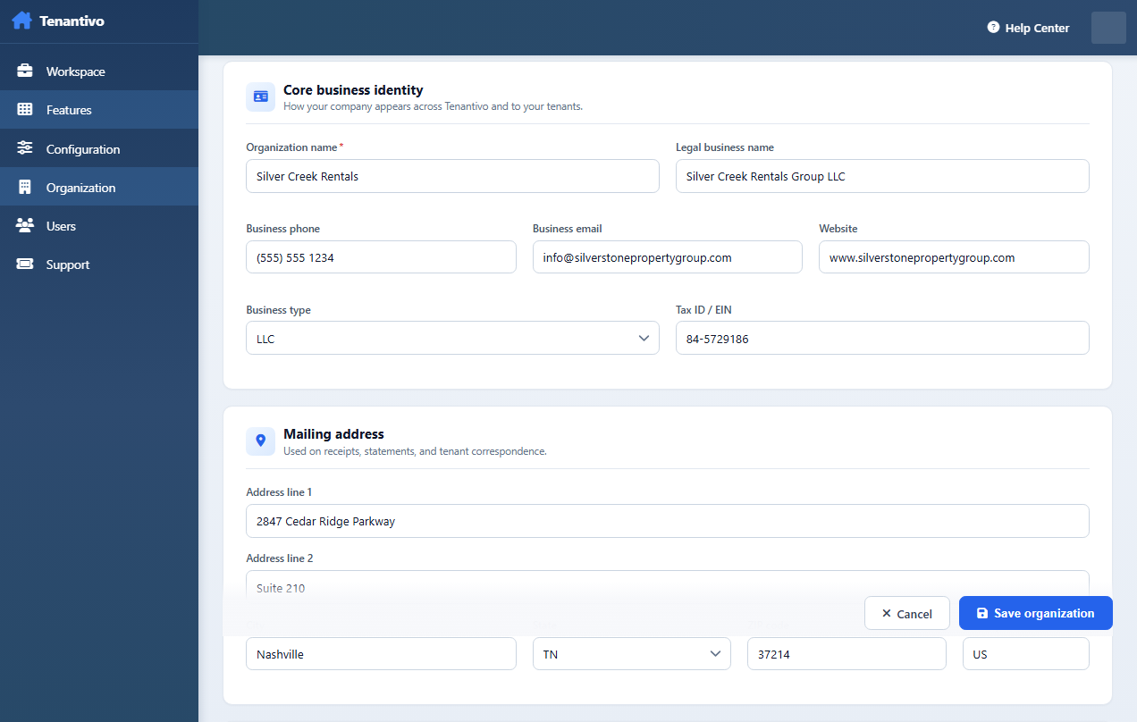 Save and confirm organization profile