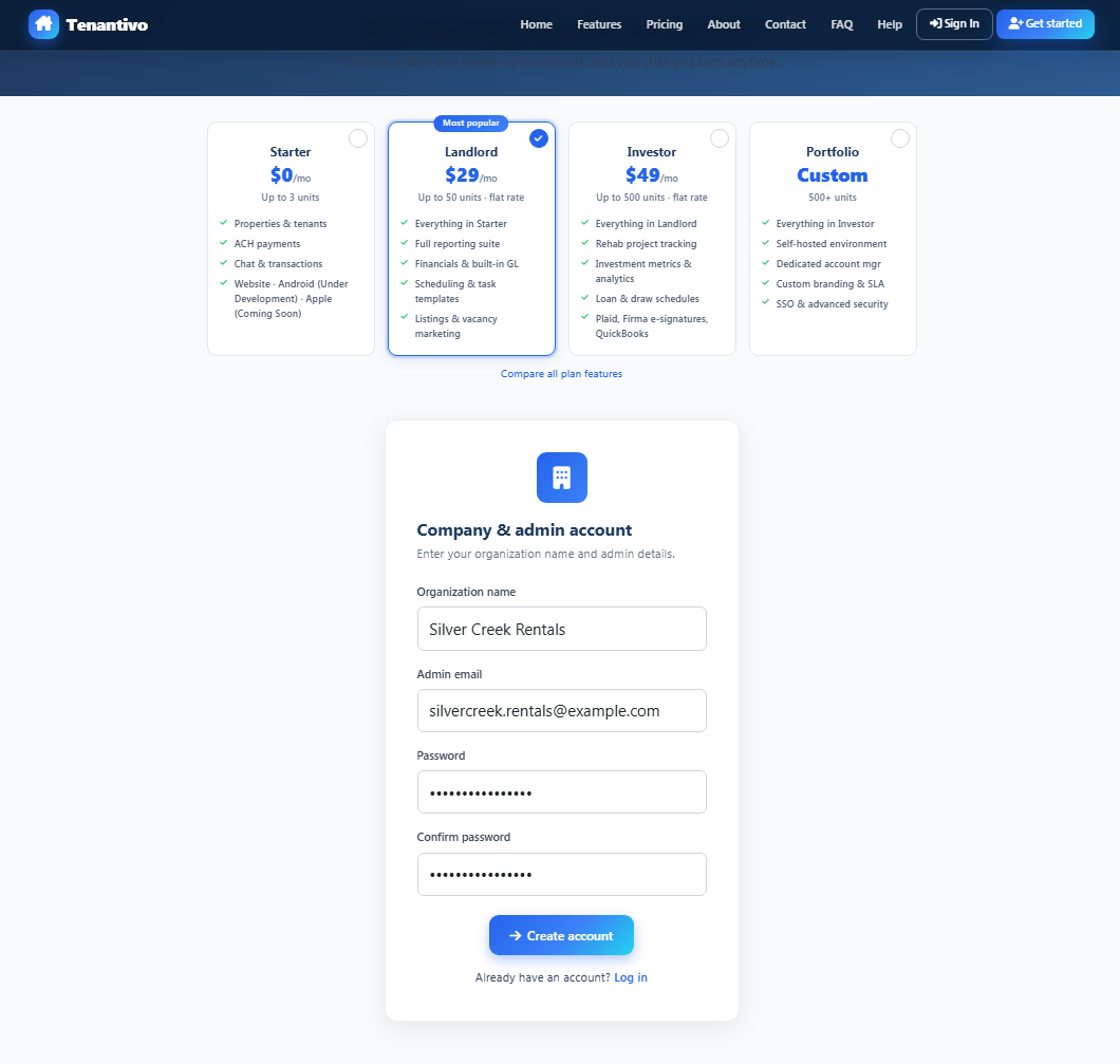 Enter organization name, email, and password