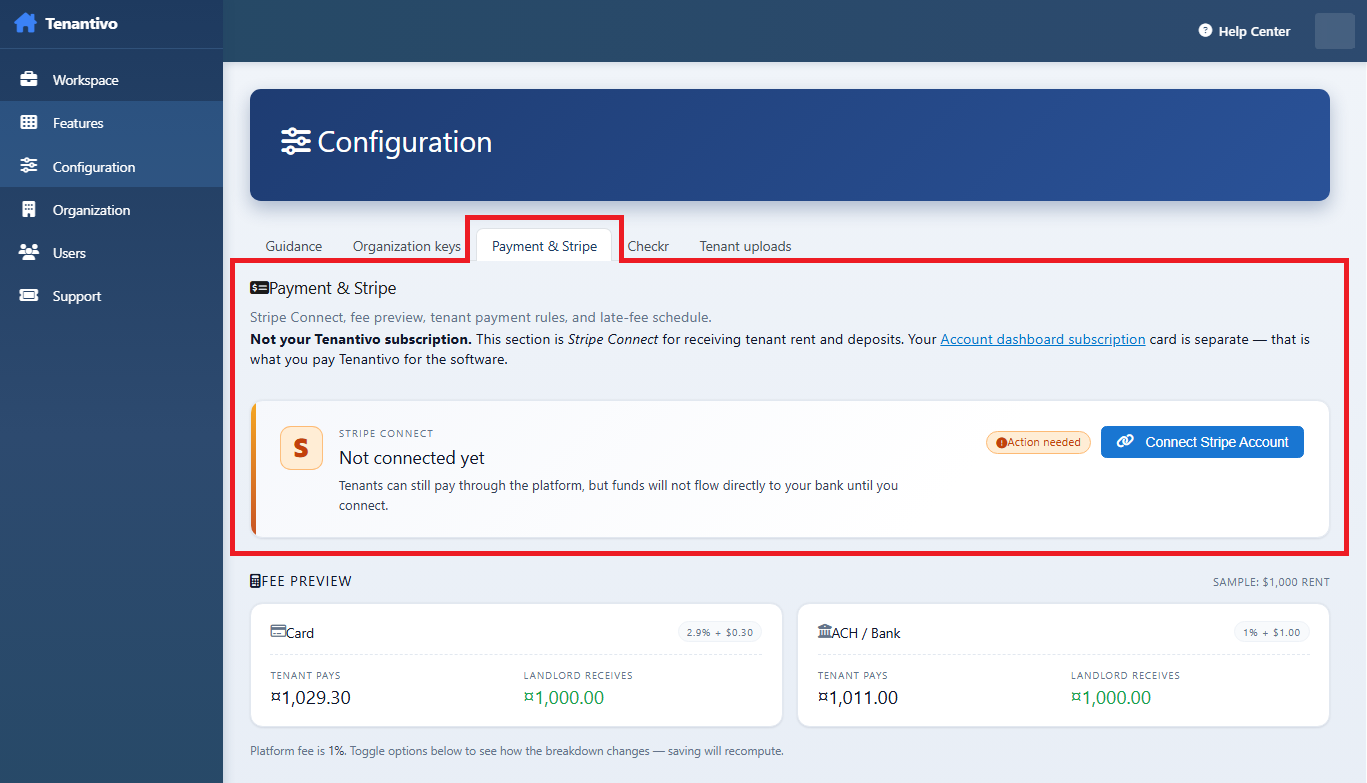 Open Configuration and connect Stripe account