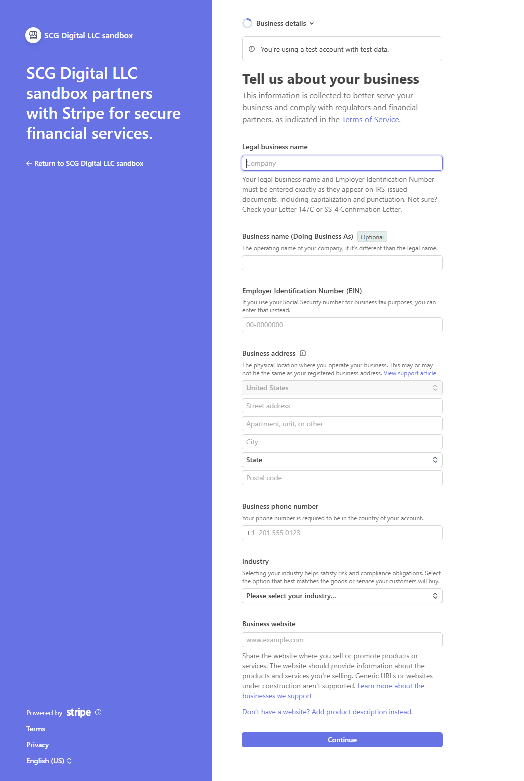 Enter business name, address, and tax details