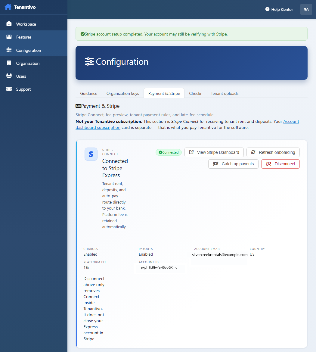 Stripe redirects back to Tenantivo