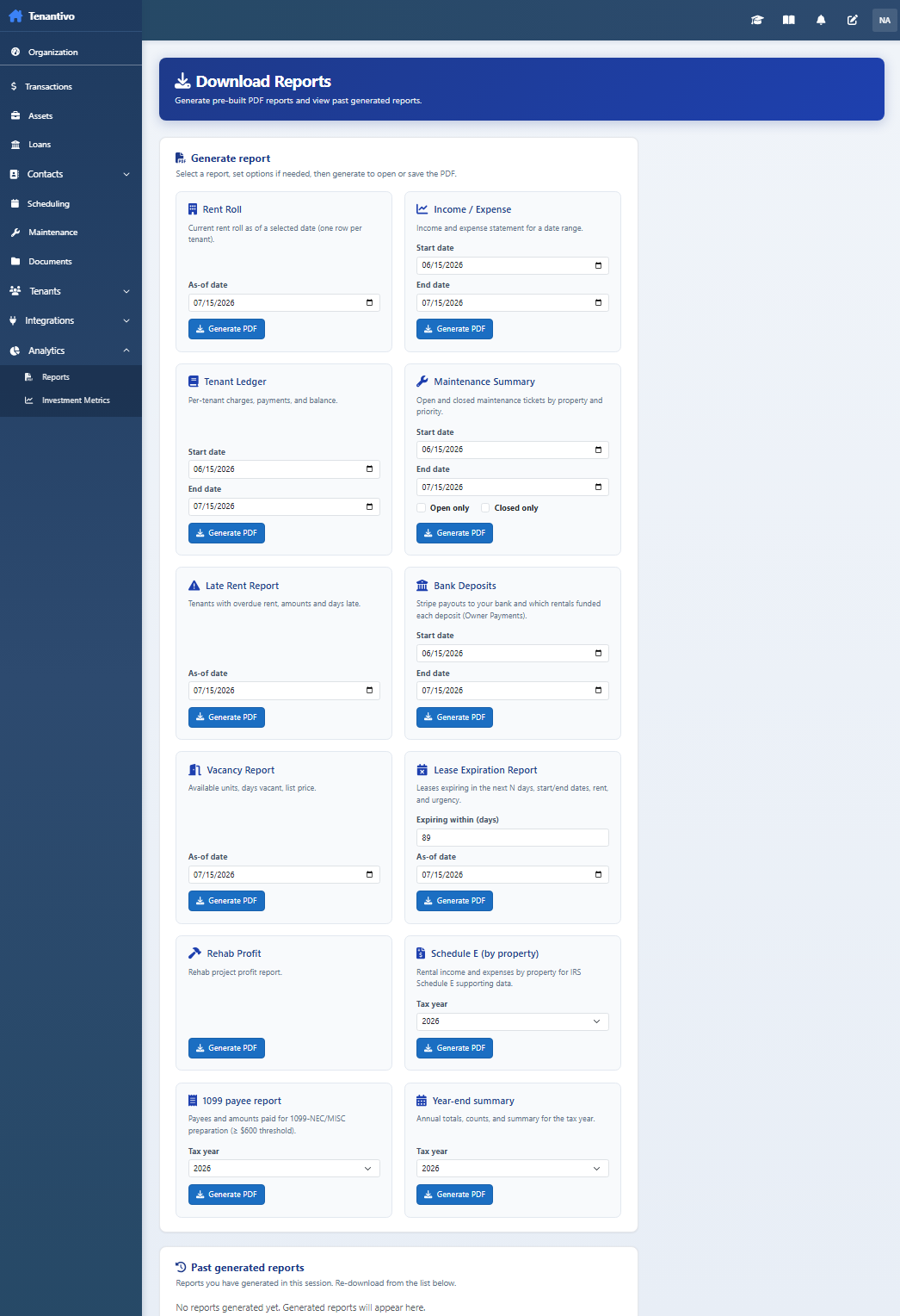 Download Reports PDF options available from the Reports hub