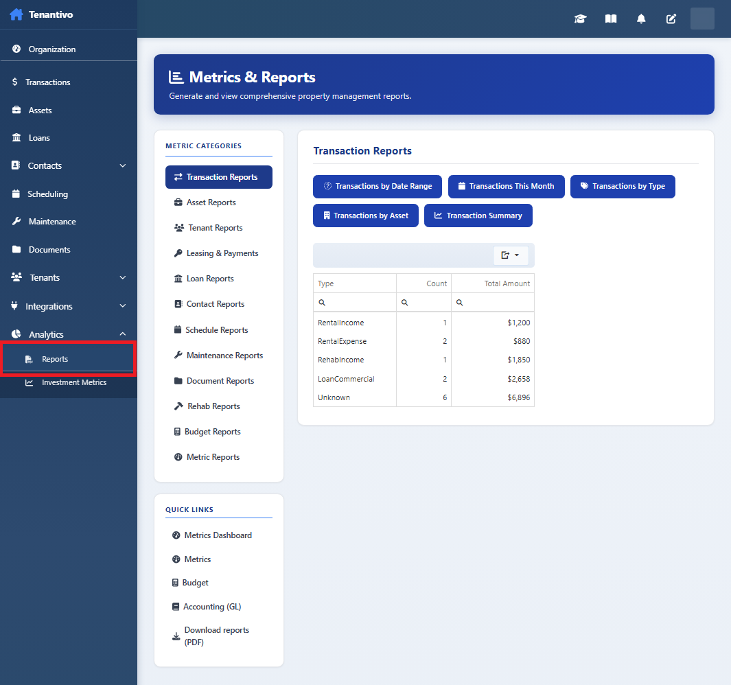 Reports page with metric categories and quick links