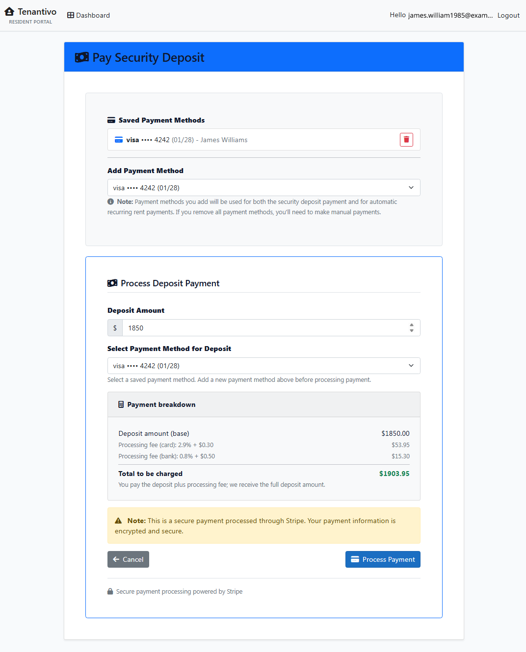 Pay your security deposit through Stripe