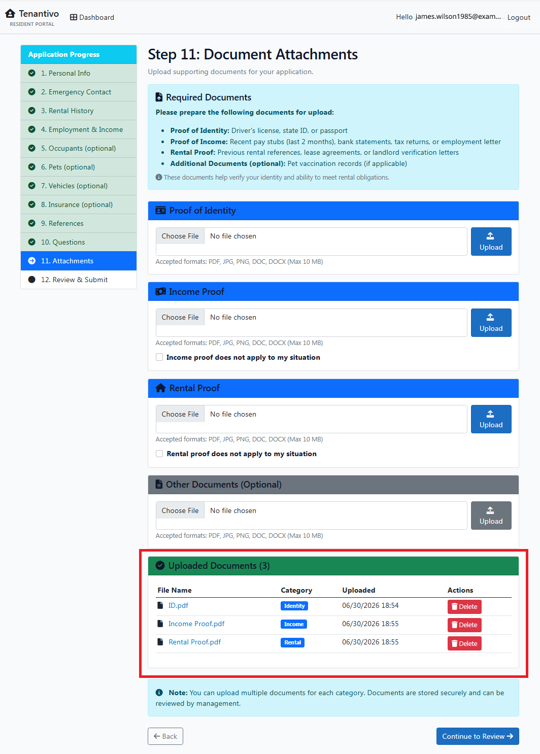 Upload supporting documents